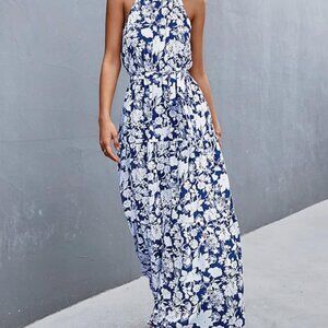 Pretty Garden Halter Maxi Sun Dress, Blue/White, Medium, Never Worn